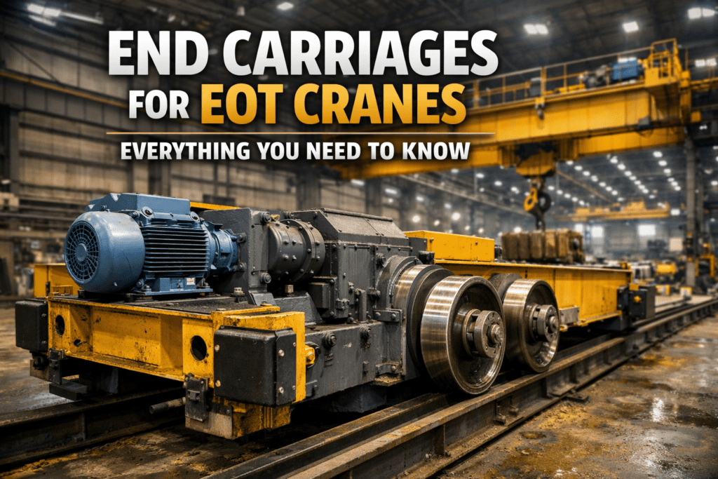 EOT crane end carriage assembly with motor, gearbox and wheels installed on runway rails inside industrial factory