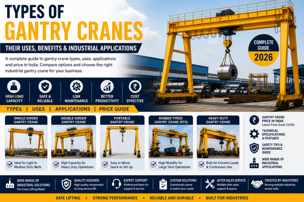 Types of gantry cranes including single girder, double girder, portable and rubber tyred gantry crane with uses, applications and price guide in India 2026