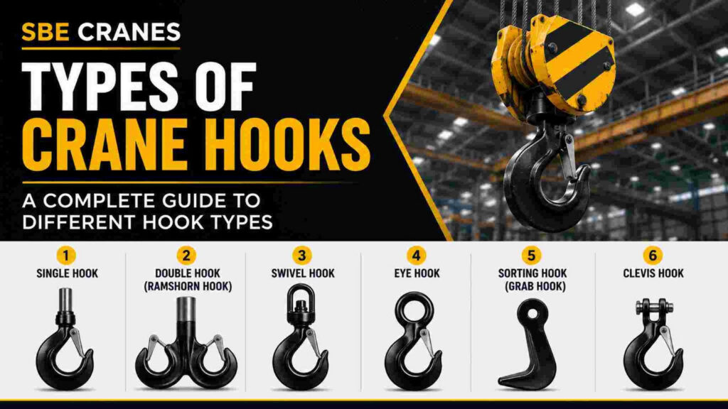 Types of crane hooks - single, double (ramshorn), swivel, eye, sorting (grab) and clevis hooks used in EOT cranes